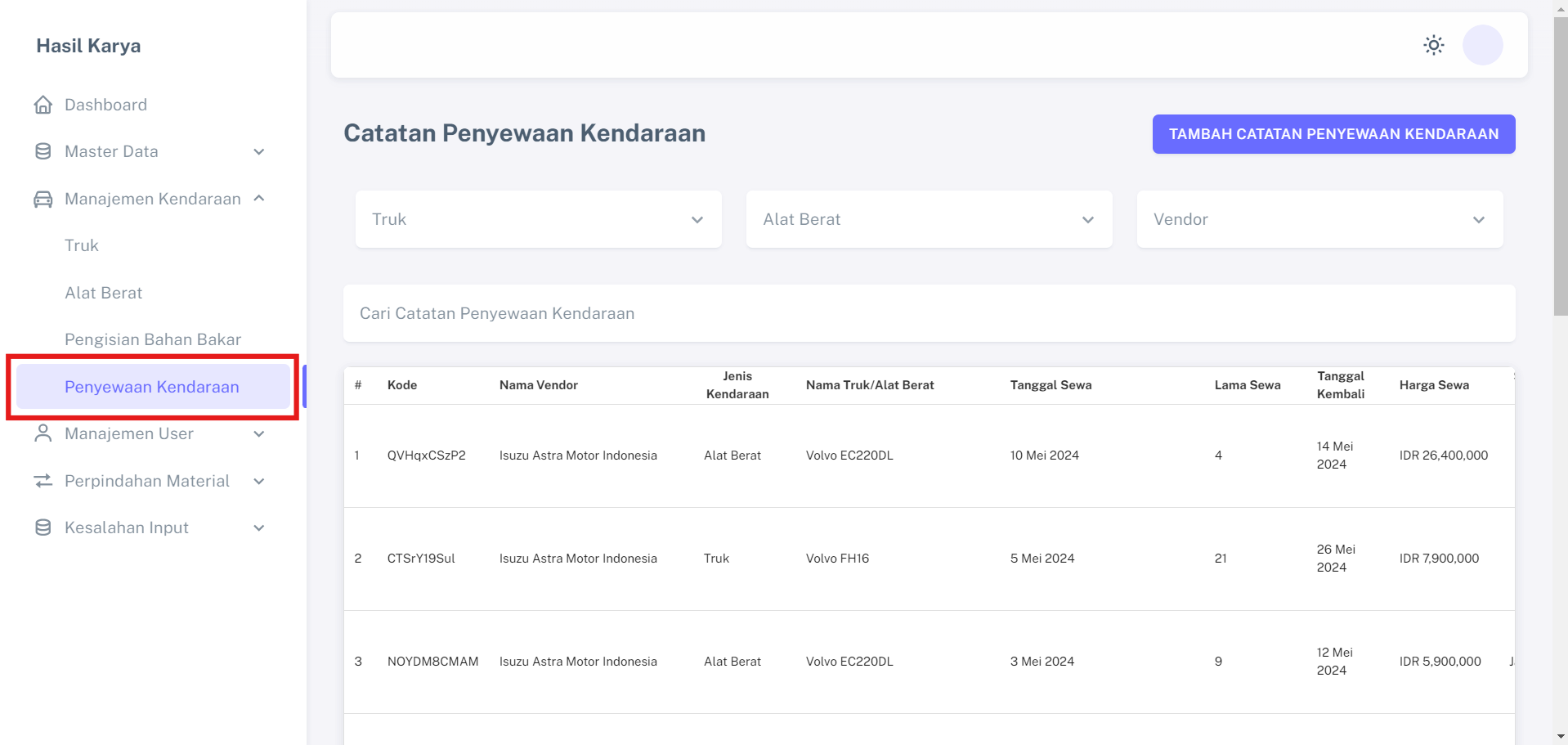 Menu Pencatatan BBM Kendaraan